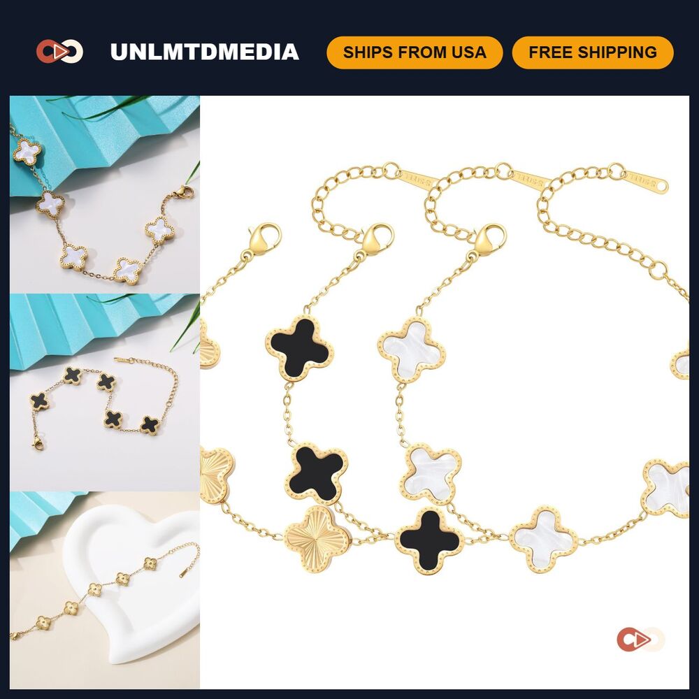 18K Gold Plated Clover Bracelet Set - 3Pcs Four Leaf Flower Jewelry Gift for Wom